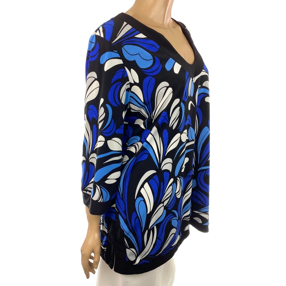 NY Collection Sz XL Blouse Black Blue White Pattern 3/4 Sleeve Polyester/Spandex - Picture 3 of 5